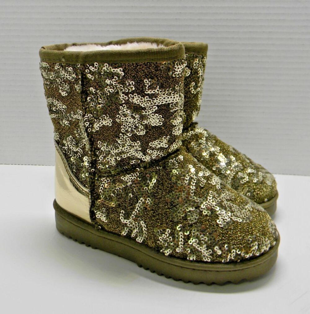 Link Gold Sequined Boots Faux Fur Lined Girls Size 9 NWOT